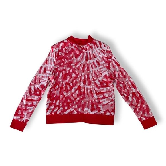 St. John red white abstract print zipper jacket sweater size L - Picture 2 of 4